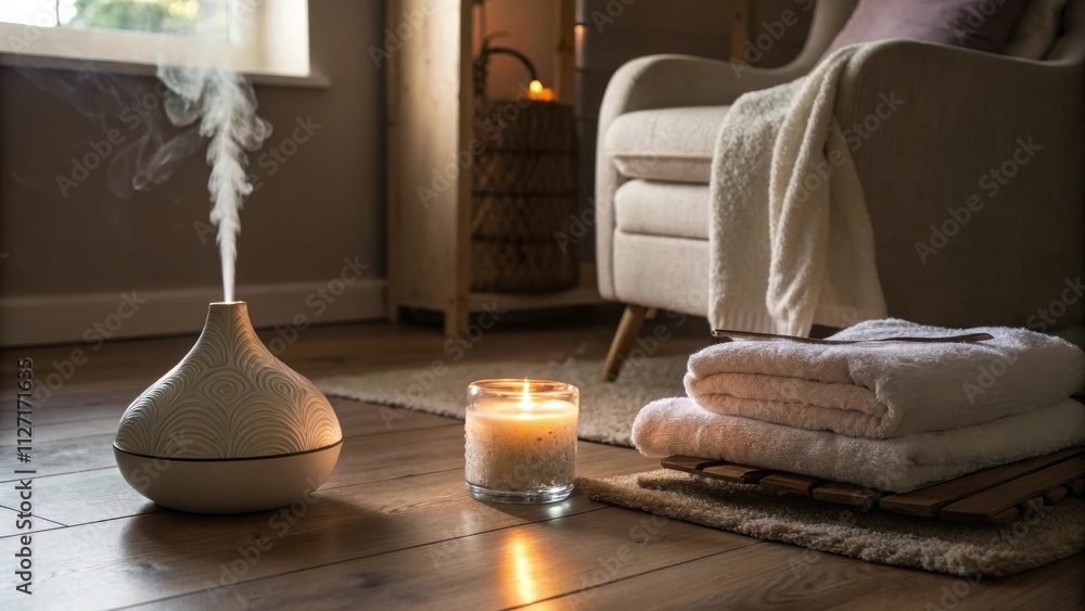 Poster a serene living room setting with a diffuser emitting fragrant mist, a flickering candle, and plush 