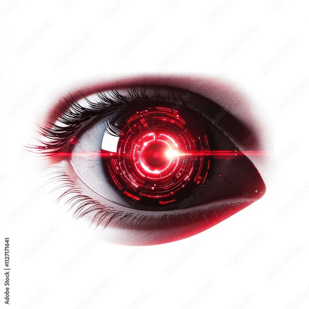 Poster a futuristic robotic eye with a glowing red iris and high-tech design.