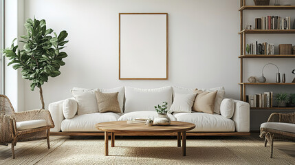 Contemporary Boho Living Room with White Sofa, Natural Wood Coffee Table, and Art Poster