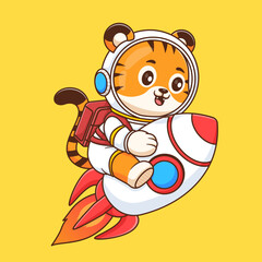 Cute tiger astronaut riding rocket in space cartoon vector icon illustration animal science isolated