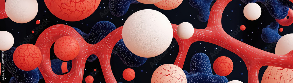 Poster fluid dynamics and cellular structures create vibrant, abstract representation of medical concepts. 