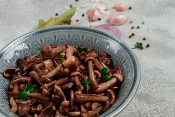 pickled honey mushrooms, in a bowl, homemade, top view, no people,