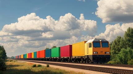 A vibrant freight train transporting colorful containers along a scenic route under a bright blue sky with fluffy clouds and lush greenery on both sides.