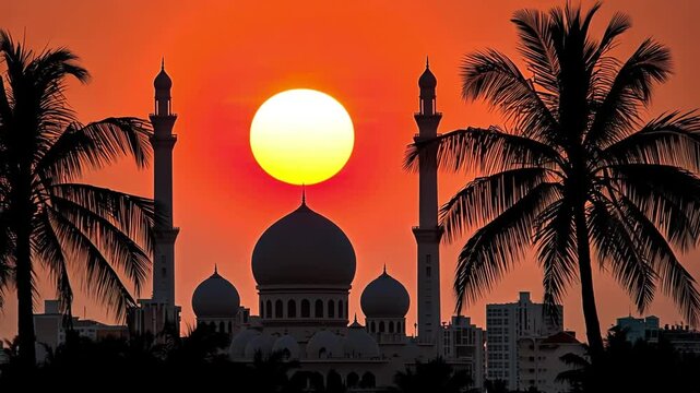 Silhouette of a mosque at sunset, framed by palm trees. The vibrant orange sky and bright sun create a dramatic backdrop.