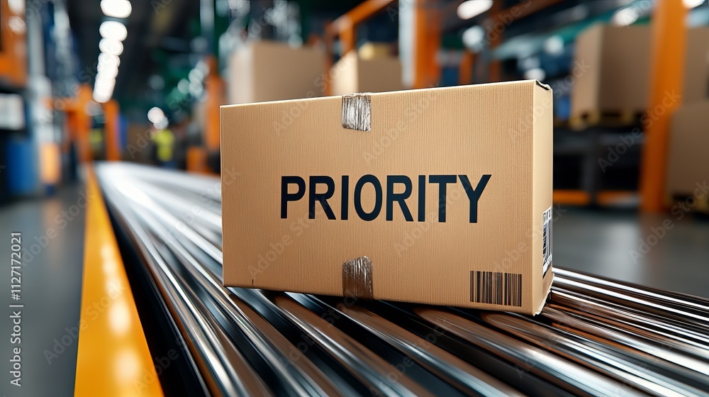 Poster a cardboard box labeled 'priority' rests on a conveyor belt in a busy warehouse setting, emphasizing