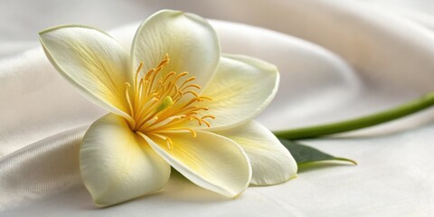 Obraz premium A delicate white flower with a yellow center rests on a soft, white, silken fabric, creating a serene and minimalist composition.