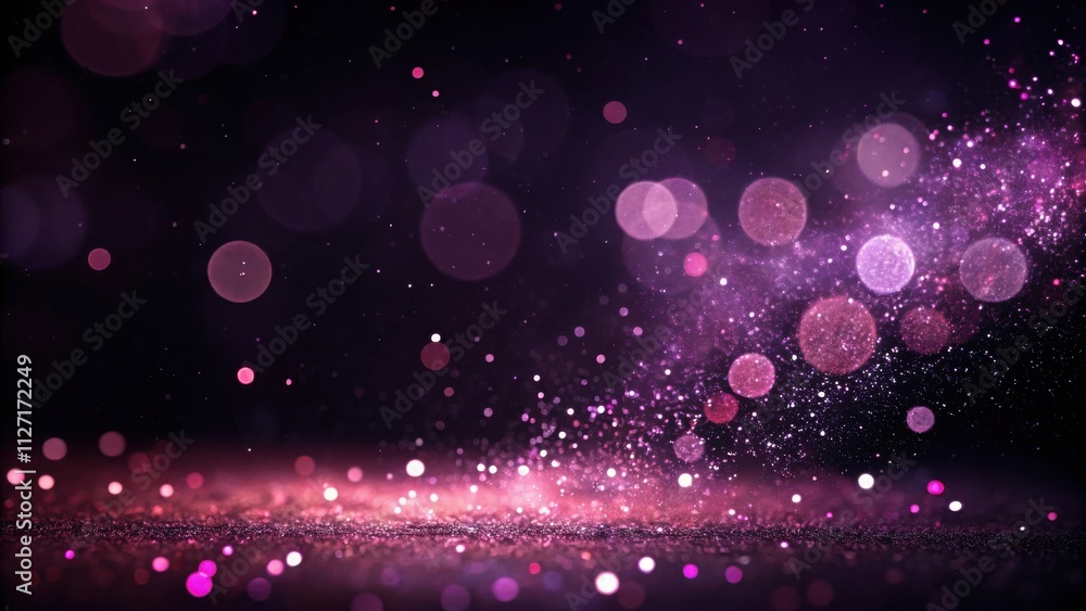 Poster shimmering pink and purple bokeh with sparkling glitter on a black background