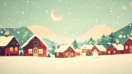 Naklejka premium Cozy Winter Village Scene with Snow, Trees, and Charming Houses