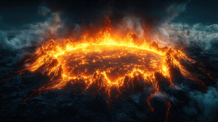 Fototapeta premium Volcano aerial view capturing molten lava rivers glowing against dark volcanic rock