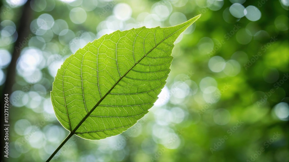Poster a single, delicate leaf illuminated by sunlight, with a bokeh background of green and white circles.