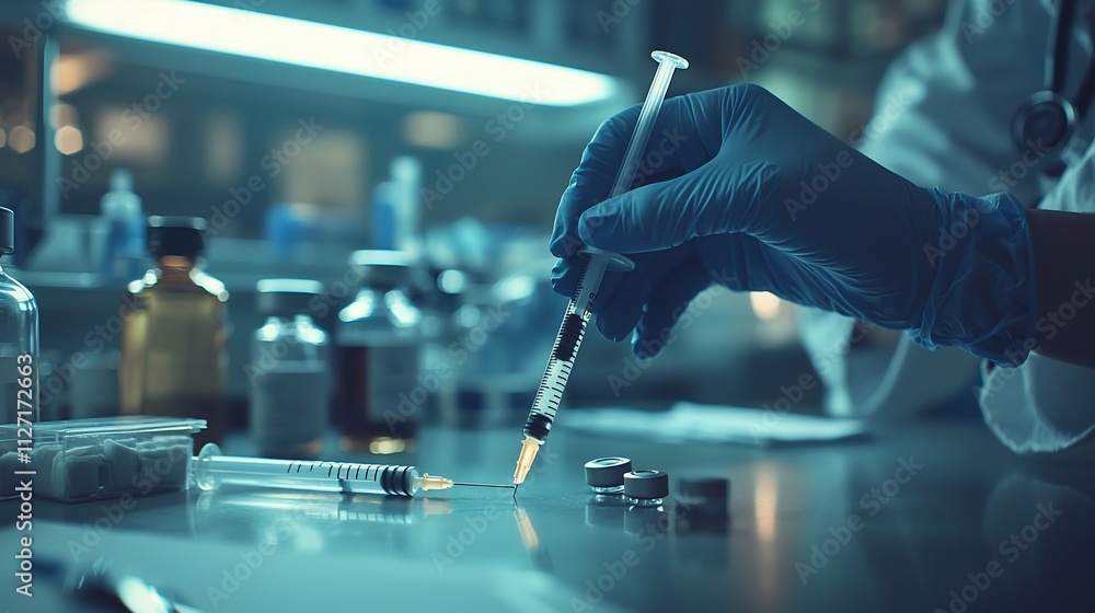 Poster scientist preparing injection in lab.
