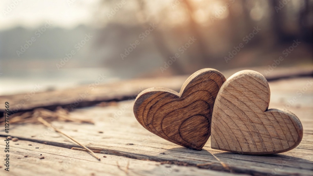 Poster two rustic wooden hearts resting on a weathered wooden surface with a blurry natural background