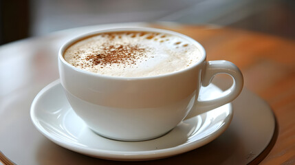 Obraz premium A cappuccino in a white cup and saucer on a wooden table.