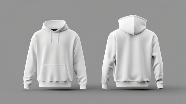 Blank sweatshirt mock-up template featuring front and back views, isolated on a grey background. Includes plain white hoodie mockup for design presentation. Suitable for print on jumpers and sweaters