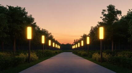 Obraz premium Serene Pathway Illuminated by Lanterns at Dusk, Surrounded by Lush Trees and Vibrant Foliage, Capturing the Tranquility of Nature's Beauty in a Peaceful Setting
