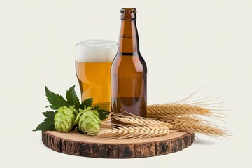 An isolated photo of a bottle of beer with a glass and brewing ingredients