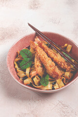 Udon noodles with shrimp in tempura, Japanese cuisine, homemade, no people,