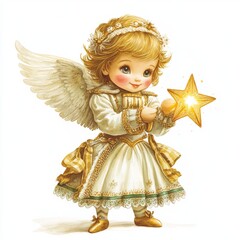 Fototapeta premium Charming Angel with Star in Soft Watercolor Style
