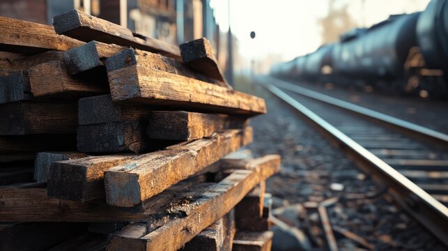 Brown railroad ties piled up next to active train tracks