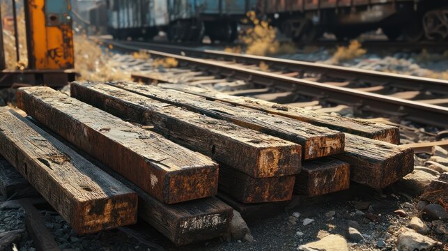 Brown railroad ties piled up next to active train tracks