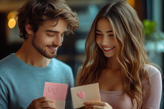 Sweet couple shares heartfelt love notes in a cozy cafe setting