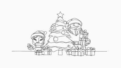 Festive Line Art of Santa and Elf Decorating Christmas Tree with Gifts. Continuous Line.