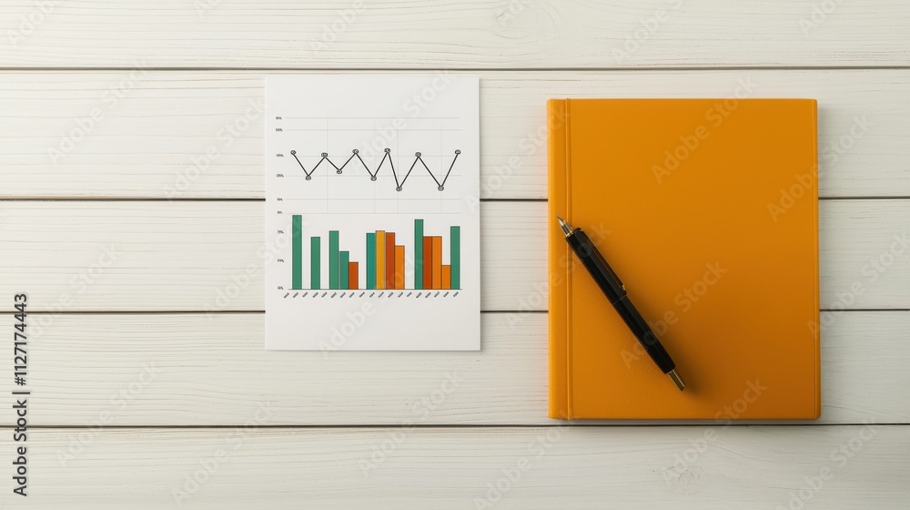Poster modern workspace with graphs and notepad, featuring statistical charts, pen, and vibrant orange note