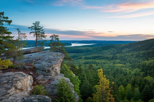 A breathtaking panoramic view of a forested landscape during what appears to be dusk or dawn