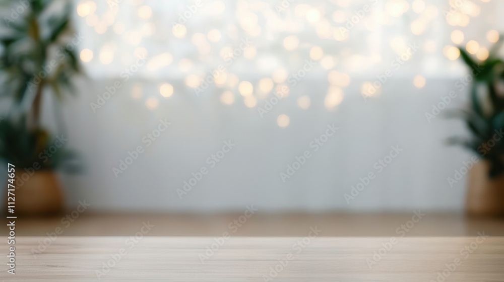 Poster soft and inviting indoor space with green plants and warm bokeh lights in the background, creating a