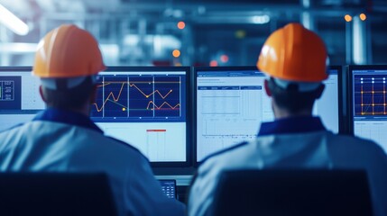 Two Construction Workers in Hard Hats Monitor Digital Graphs and Data on Multiple Computer Screens in a Modern Industrial Setting