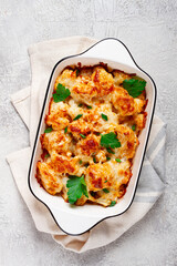 baked cauliflower, in cream sauce, with cheese and spices, homemade, no people,