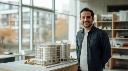 A professional architect smiling confidently while standing beside a detailed architectural model in a modern office. The space is filled with natural light, showcasing creativity and professionalism.