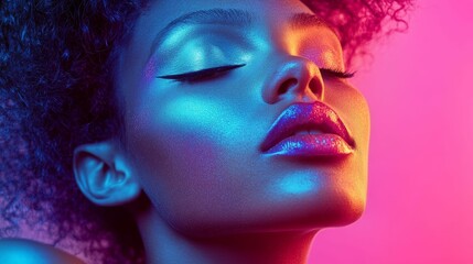Close-up, iridescent face, colorful lighting, closed eyes.