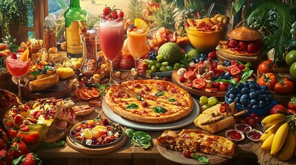 Fototapeta premium A vibrant tapestry of culinary delights, featuring an array of delectable dishes and refreshing beverages. From savory pizzas to tantalizing desserts, this visual feast showcases the diversity