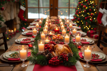 A long table is set for a Christmas dinner with a large turkey centerpiece