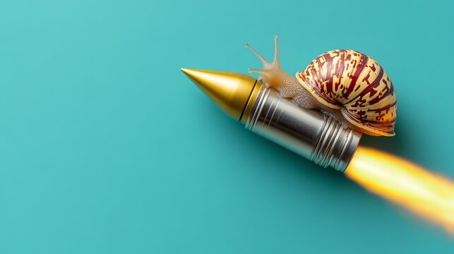 A whimsical snail of mixed ethnicity gracefully rides a metallic rocket, leaving a fiery trail against a vibrant turquoise background.