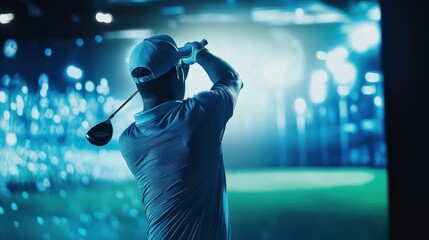 Closeup of a professional male golfer playing golf indoors in a golf simulator with a training field screen
