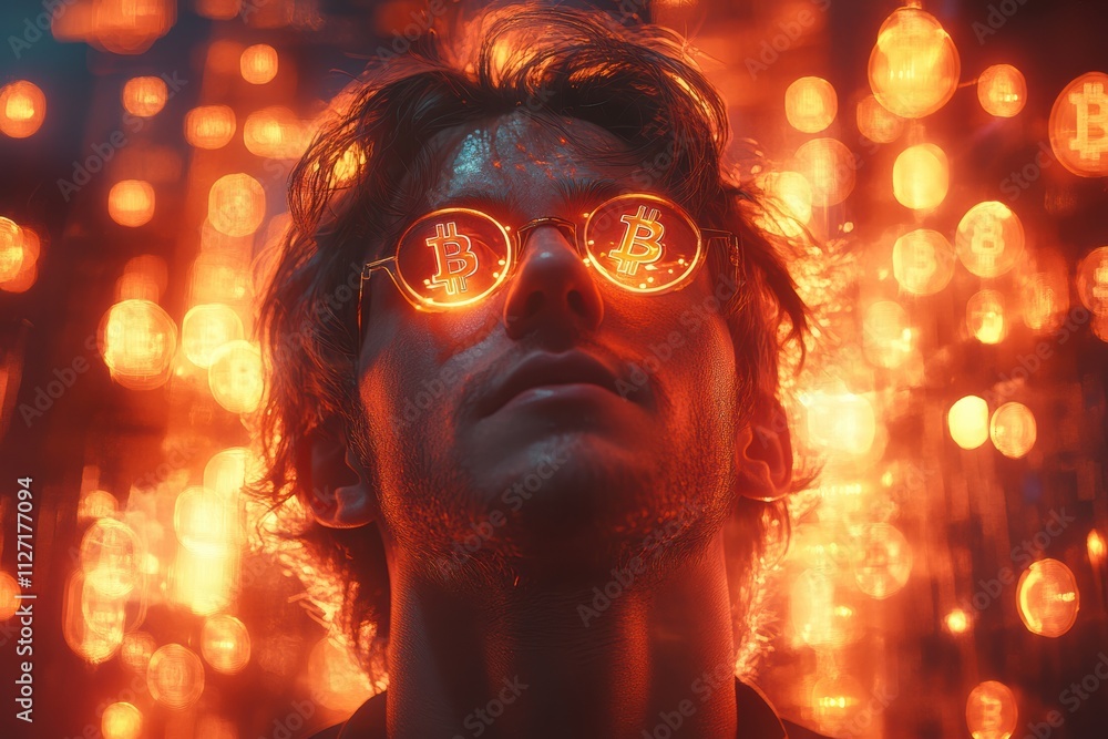 Poster cryptocurrency innovation visual featuring a man and glowing bitcoin tokens on a minimalist, bright 