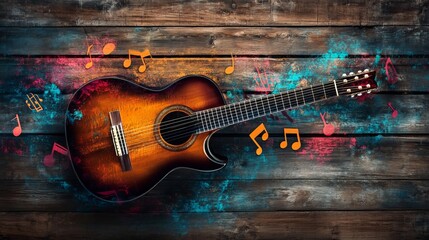 Fototapeta premium A vibrant wooden backdrop adorned with the elegant curves of a guitar's neck and a vibrant array of musical notes. 