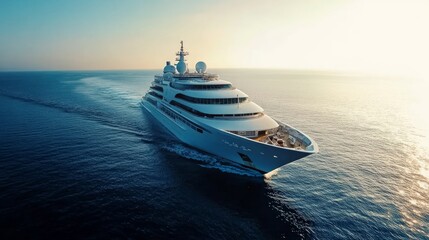 Luxury yacht sailing on calm ocean at sunset.
