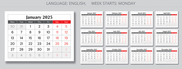 2025 calendar. Design with Monday start. Vector collection of English monthly calendars