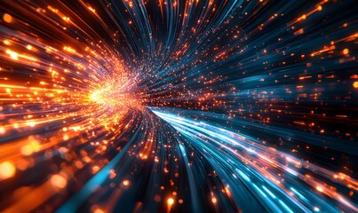 An illustration of high-speed data streams moving through glowing network lines