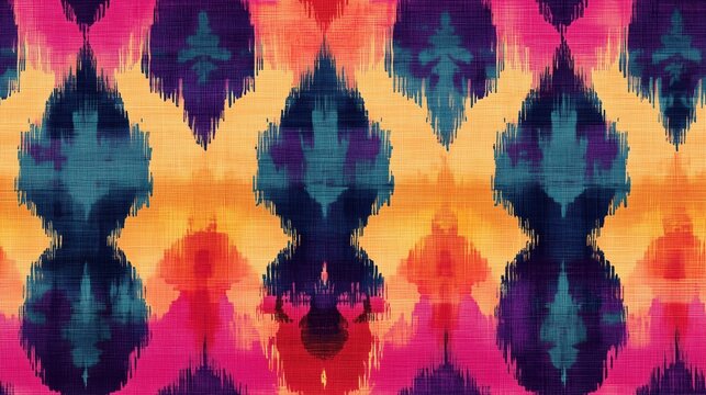 Seamless Ikat fabric texture in radiant colors, perfect for pillowcases, bed sheets, and elegant textile products