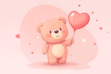 Cute teddy bear holding a heart-shaped balloon on a pastel pink background with floating hearts