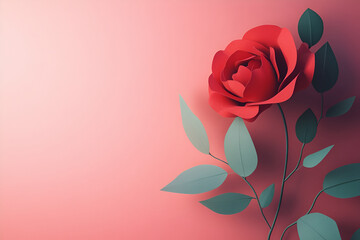 Elegant red rose with green leaves on a pink background, symbolizing love and beauty