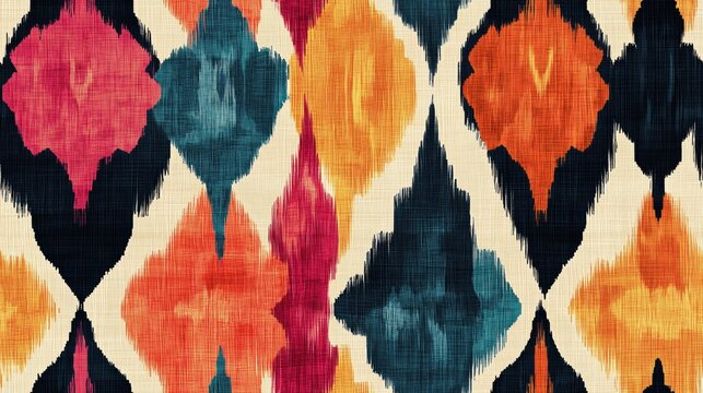 Seamless Ikat fabric texture in radiant colors, perfect for pillowcases, bed sheets, and elegant textile products