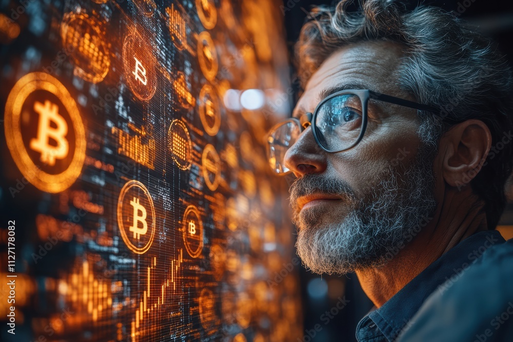Poster Cryptocurrency innovation with a professional man and dynamic Bitcoin tokens glowing in the background.