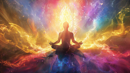 Fototapeta premium Colored Aura of a Man Silhouette in Lotus Position Meditating, Connected with Everything Illustration