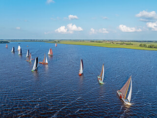 Aerial from a competition skutsjessilen on the Heegermeer in Friesland the Netherlands