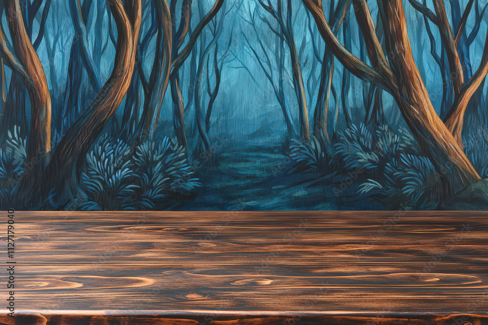 Poster rustic wood board mockup surface in front of dark, atmospheric forest scene. deep blue tones and int